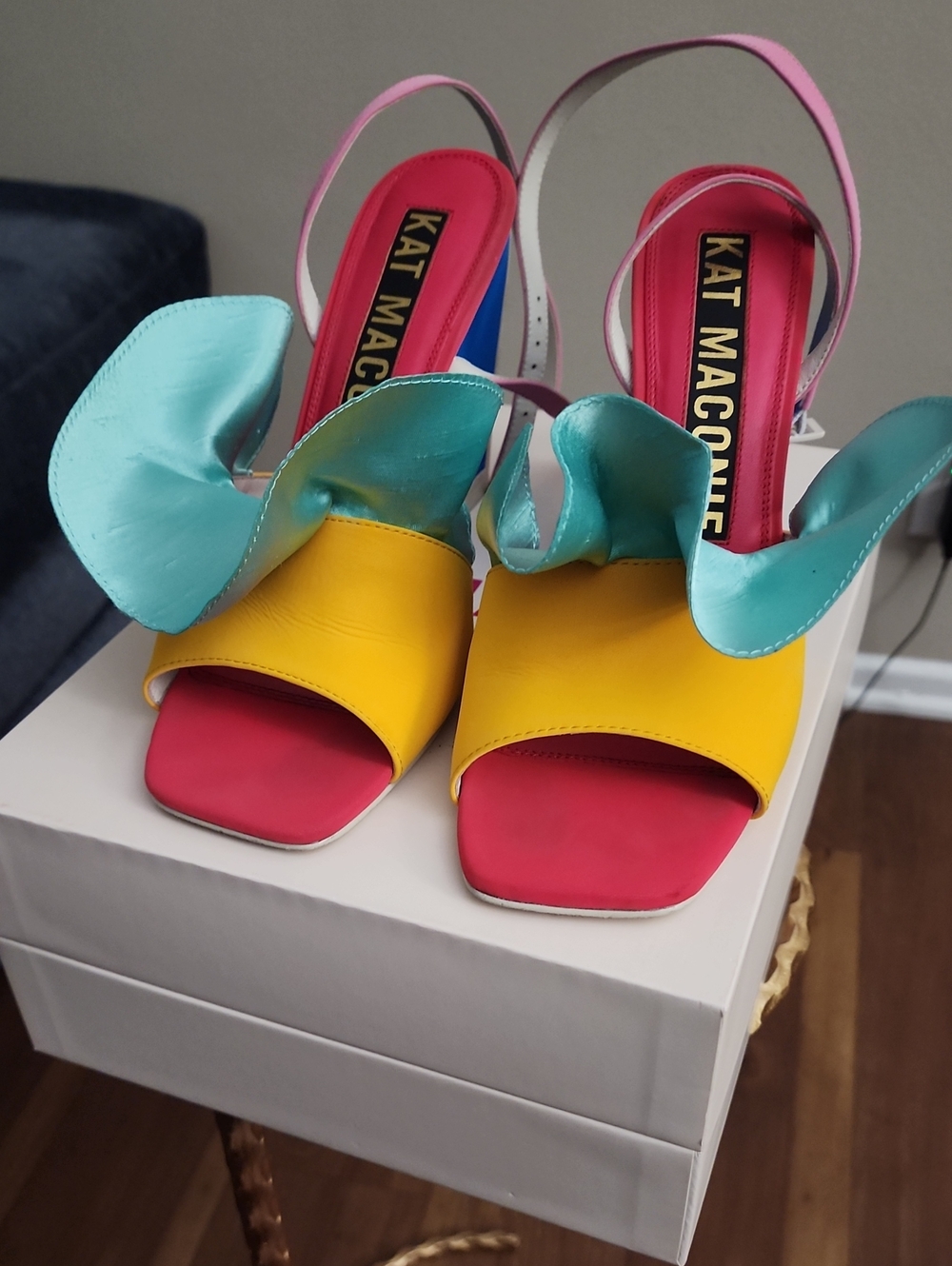 Kat Maconie Multicolor Ruffle Slingback Sandals - Yellow/Teal/Pink